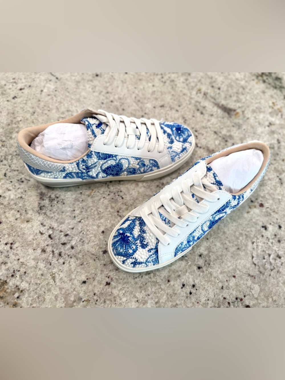 Betsey Johnson White and Blue Beaded Floral "Damon" Sneakers "NEW" - Picture 11 of 17